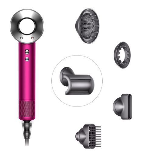 Фен Dyson Supersonic HD07 (фуксия/яркий никель) с 5 насадками, черным дорожным чехлом и подставкой